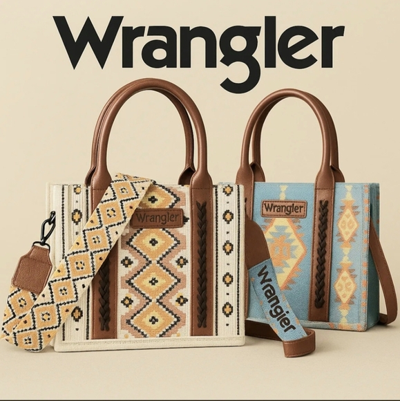 Wrangler Blue & Brown Geometric Purse Tote Bag Aztec Southwestern Style - Picture 6 of 7